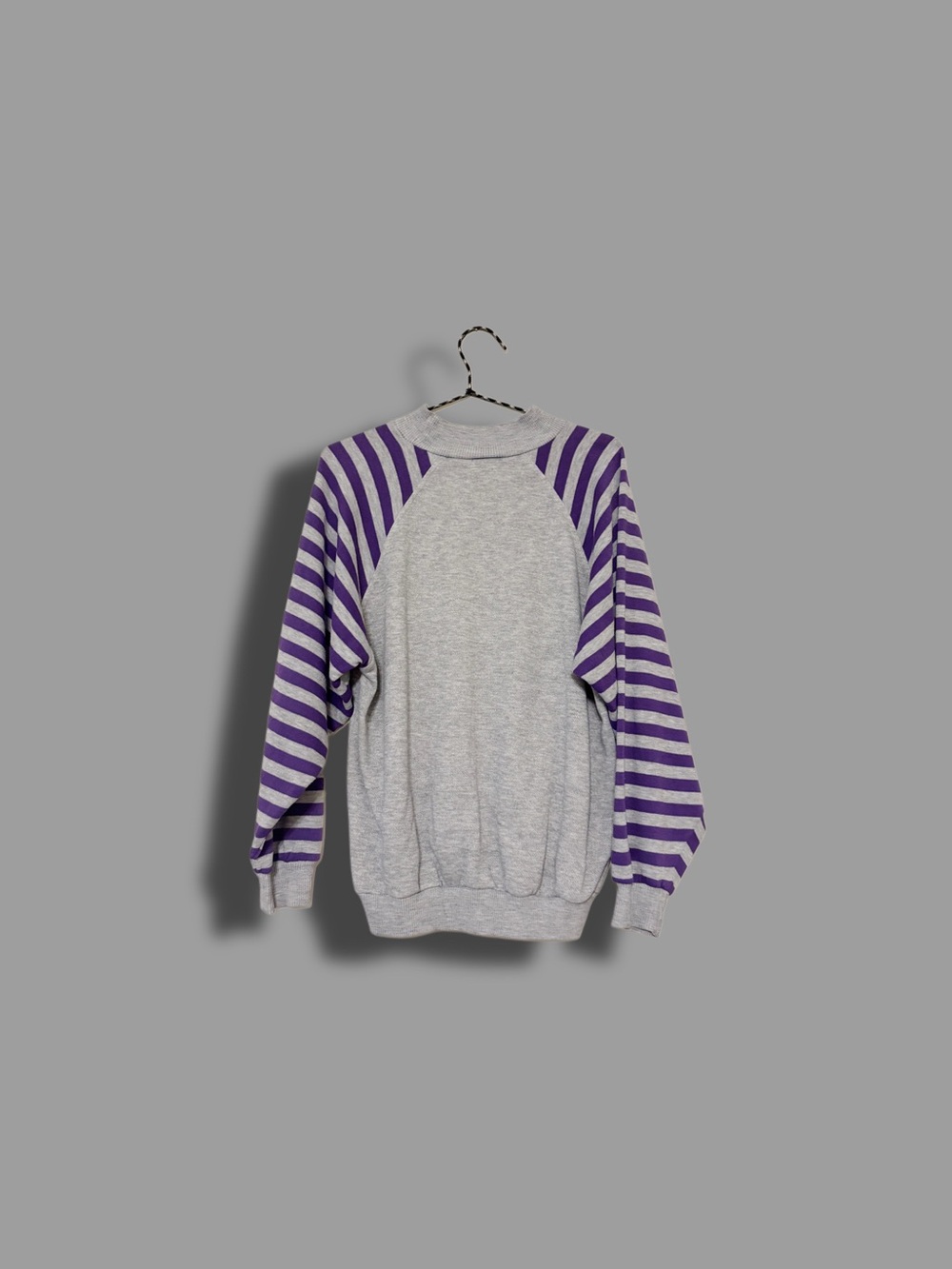 Heather Gray Crewneck Sweater with Purple Striped Raglan Sleeves